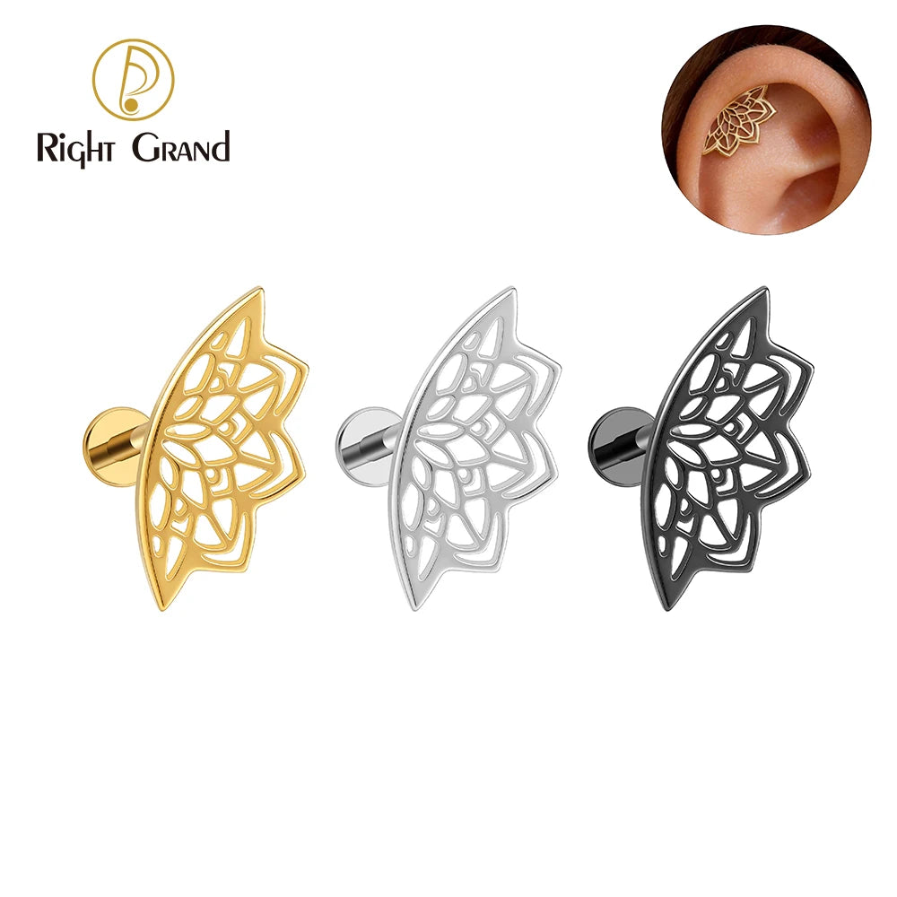Right Grand ASTM F136 Titanium Lotus Flower Hidden Helix Earring 16G Gothic Punk Floating Cartilage Stud Piercing Jewelry