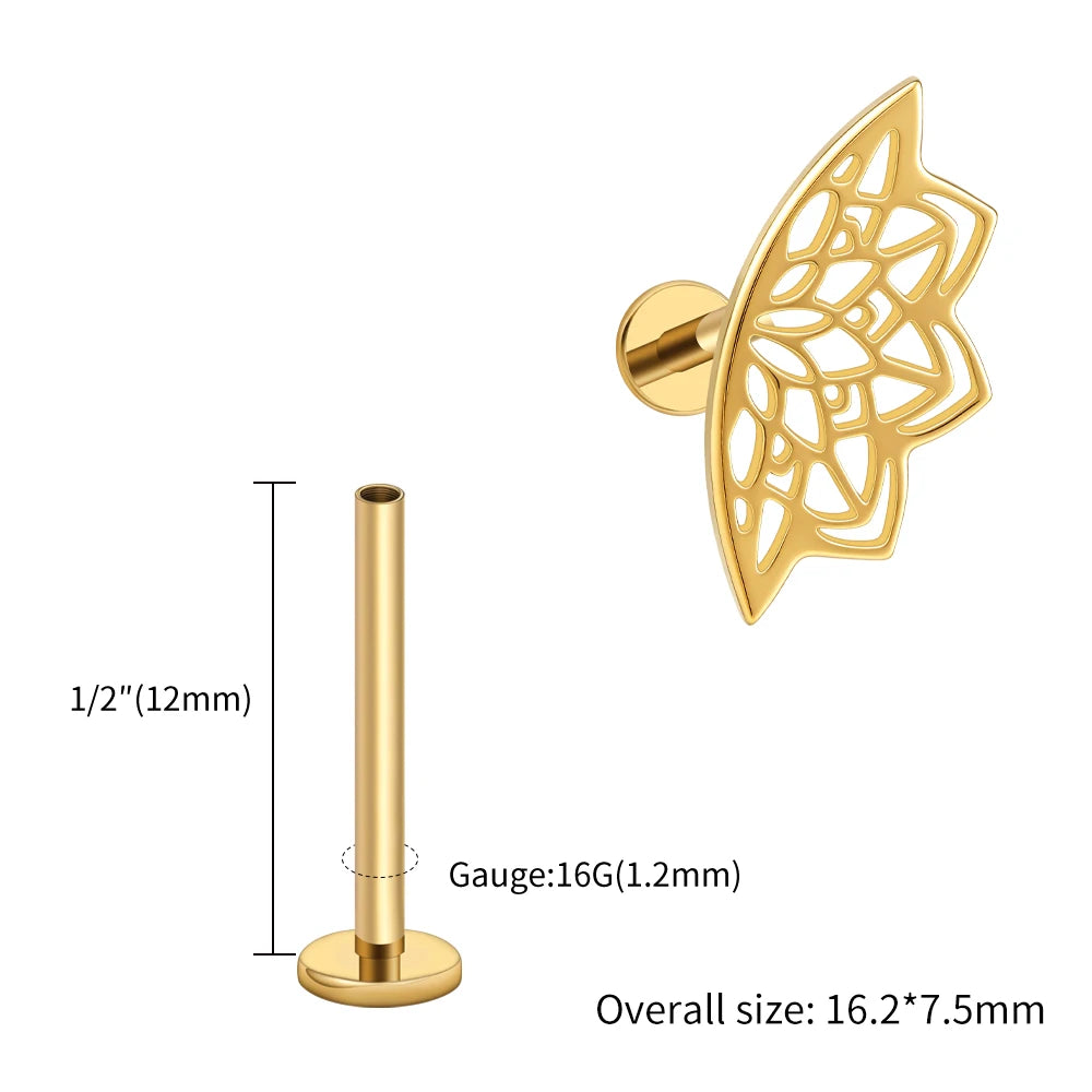 Right Grand ASTM F136 Titanium Lotus Flower Hidden Helix Earring 16G Gothic Punk Floating Cartilage Stud Piercing Jewelry