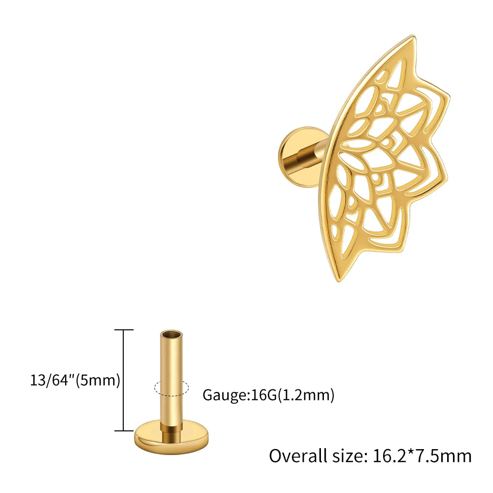Right Grand ASTM F136 Titanium Lotus Flower Hidden Helix Earring 16G Gothic Punk Floating Cartilage Stud Piercing Jewelry