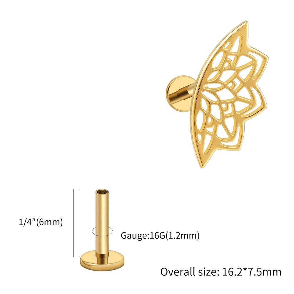 Right Grand ASTM F136 Titanium Lotus Flower Hidden Helix Earring 16G Gothic Punk Floating Cartilage Stud Piercing Jewelry